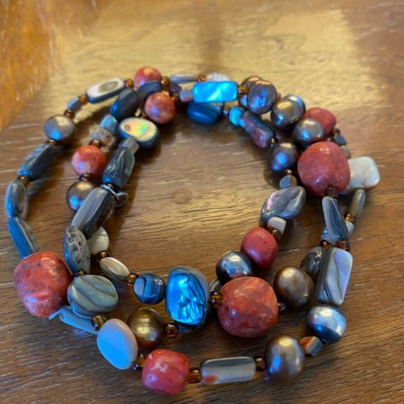 SILPADA Abaloni Shell Coral Pearl Sterling Silver (3) Stretch Bracelet B1695 - Picture 2 of 2